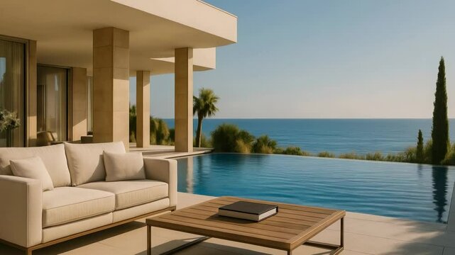 Luxury villa overlooking the ocean with infinity pool, perfect for relaxation and entertainment in a serene landscape