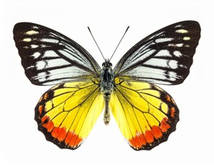 Fototapeta premium Colored butterfly close view over white background, no shadow