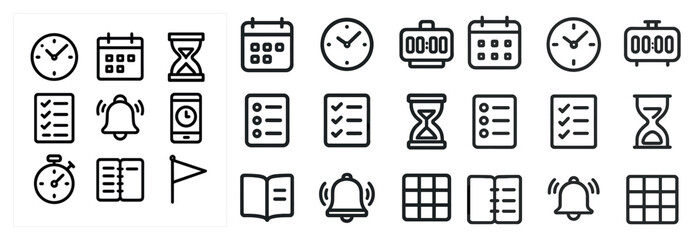 Time management linear icons set – clock, schedule, productivity tools