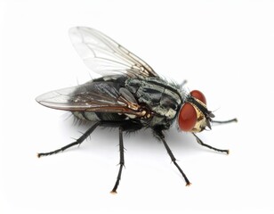 Fly close view over white background, no shadow