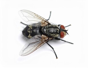Fly close view over white background, no shadow