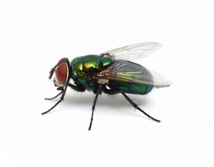 Green fly close view over white background, no shadow