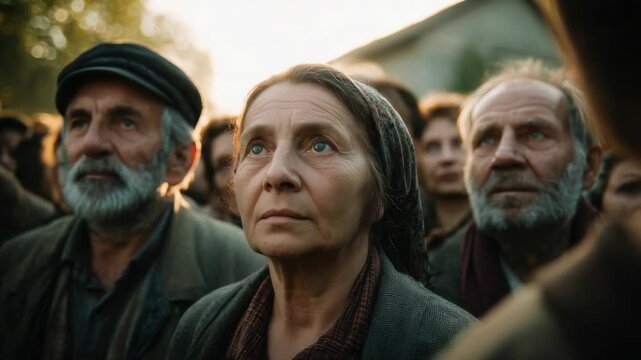 Emotional gathering of villagers experiencing a moment of reflection during a sunset in a rural setting