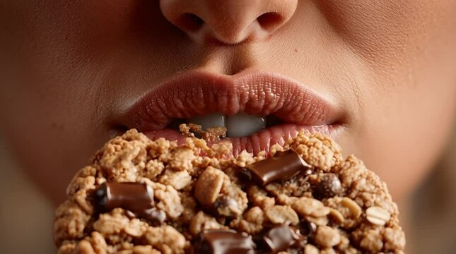 Woman eating chocolate chip cookies falling into the air with splashes on brown background
