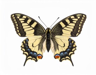 Colored Papilio Machaon butterfly close view over white background