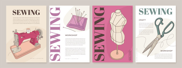 Set of sewing poster, web banner, cover, flyer design template. Atelier, craft, clothing, hand made background. Vector illustration of sewing machine, mannequin, pin cushion, needle, thread, scissors