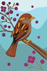 An artistic illustration of a sparrow on a branch with blossom
