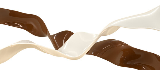 Milk and chocolate flows, white and brown waves of cream, yogurt and dark hot choco with liquid glossy texture 3d render. Sweet food, ganache sauce or syrup ribbons, design elements