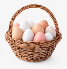 Natural Brown Wicker Basket Filled with Assorted White, Brown, and Pink Farm Fresh Eggs on a White Background