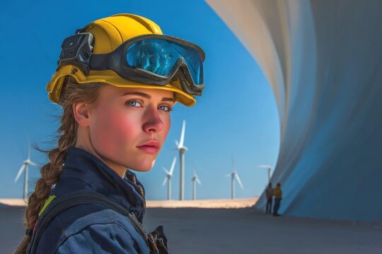 Woman in safety gear at wind farm (1)