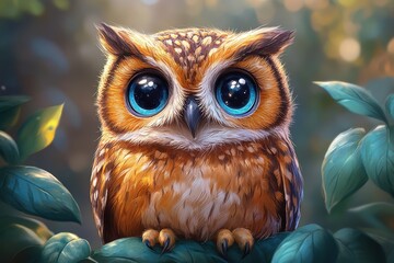 Colorful owl perched on green leaves in soft light