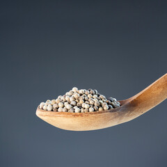 Whole white peppercorns displayed on natural wooden spoon against neutral background for culinary and cooking themes
