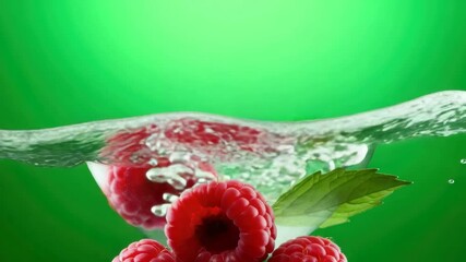 Fresh raspberries splash into clear water against a green background creating a vibrant and refreshing scene - Powered by Adobe