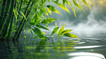 Bamboo stalks and leaves creating ripples in calm water