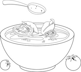 Bowl of tomato soup. Homemade soup with vegetables, tomato soup with sliced tomatoes and spoon. Black and white coloring page.