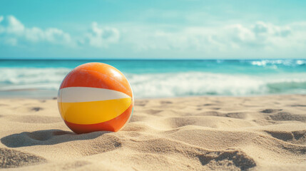 Obraz premium Colorful Beach Ball on Sandy Shore with Ocean Waves