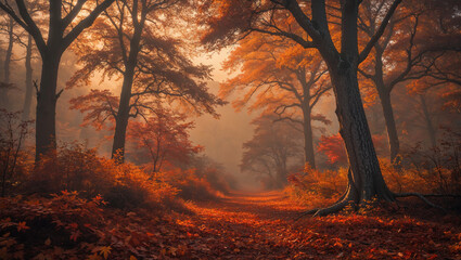 Golden sunlight illuminating misty autumn forest path