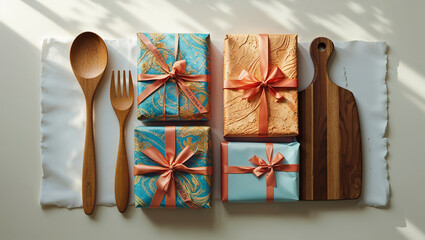 Wrapped gifts, wooden kitchen utensils and cutting board resting on table