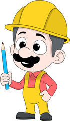 Cartoon Plumber Worker Holding Pencil in Yellow Uniform
