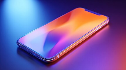 Sleek smartphone with colorful, reflective screen lies on a surface