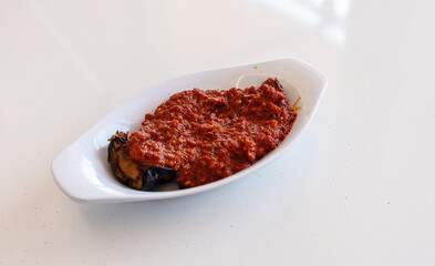 Aubergine appetizer, eggplant saksuka salad