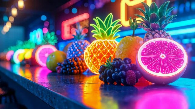 Neon illuminated fruits and berries bring a vibrant and surreal touch to a nightlife setting.