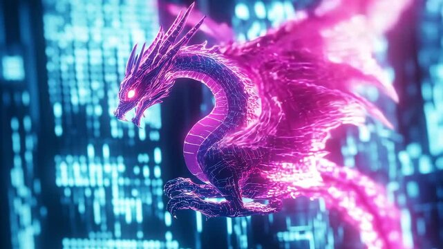 A glowing dragon is depicted soaring through a digital landscape filled with neon lights and intricate patterns