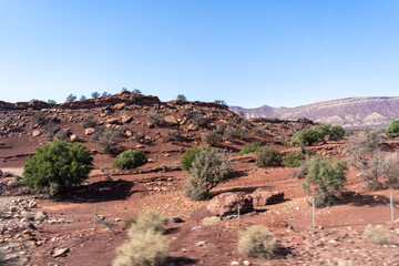Morocco semi-deserts and mountains, north africa nature, Moroccan stone desert, red hills, villages...