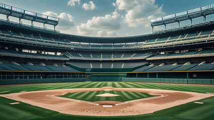 Empty baseball stadium with green grass and seats on a cloudy day