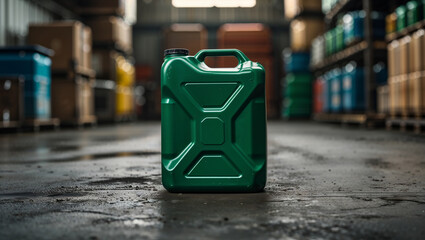 Green jerrycan standing on floor in warehouse with barrels and boxes