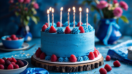 Delicious blue birthday cake decorated with raspberries and lit candles