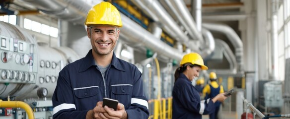 The smiling workers in helmets using mobile phones in an industrial setting.