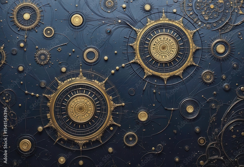 Poster stylized gold celestial design for computer backgrounds with intricate details and patterns