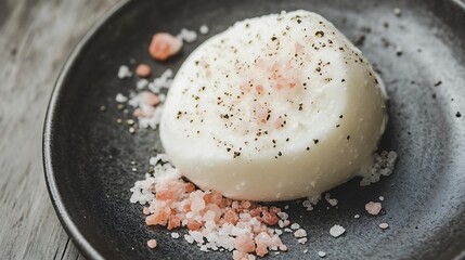 Mozzarella cheese with himalayan pink salt on classic grey plate