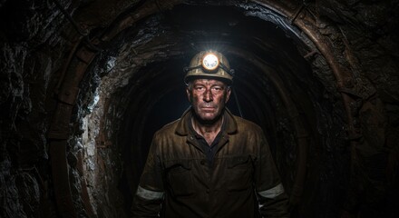 A miner stands in a dimly lit tunnel, illuminated by a headlamp, showcasing determination and grit