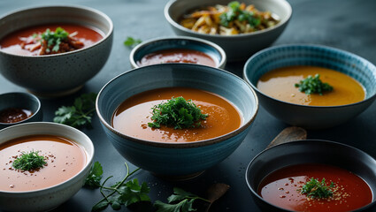 Variety of colorful hot soups served in bowls, garnished with fresh herbs