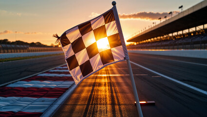 Checkered flag waving at sunset on a racetrack