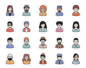 Portraits of people full color with black outline stroke. Vector pictures of persons of different occupation and genders.	