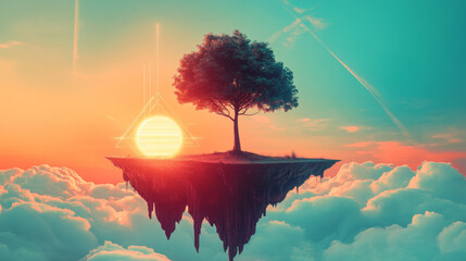 Surreal Floating Island with Tree Above the Clouds