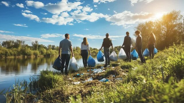Group of volunteers collecting trash along a riverbank as part of an environmental cleanup initiative during a sunny day