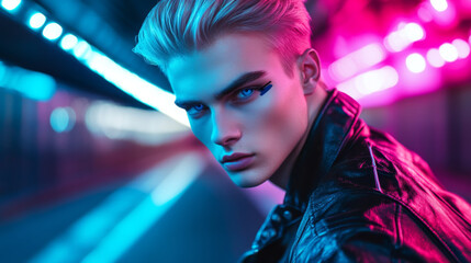 Stylish Young Man in Neon Lights with Futuristic Aesthetic