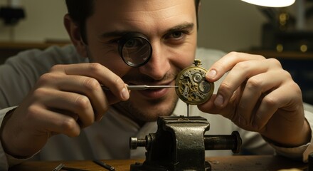 Watchmaker meticulously repairing a vintage timepiece in a well-lit workshop filled with tools