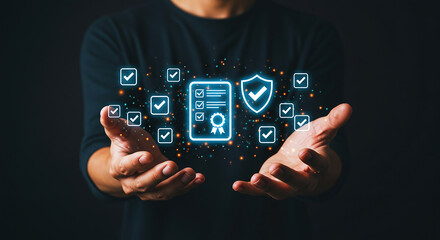 A person holding glowing document and shield icons with check marks in a dark background space view