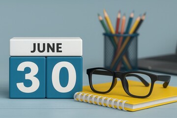 June 30th Date Blocks with Stationery and Eyeglasses on Desk Organizer Schedule Reminder Appointment Planning Time