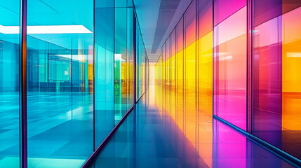 Futuristic Glass Corridor with Vibrant Neon Lighting
