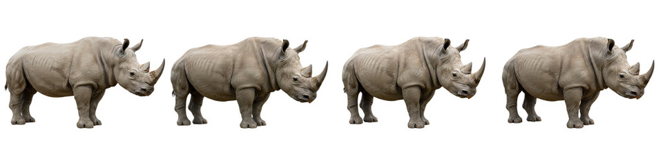 Fototapeta premium Rhino Parade: A striking linear procession of rhinoceroses, captured in a vivid, realistic portrayal, perfect for conveying themes of wildlife, strength, and conservation. 