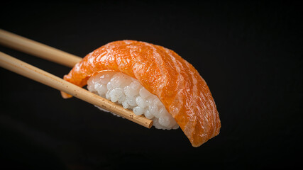 Chopsticks holding salmon nigiri sushi over dark background