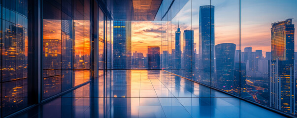 Modern Glass Office Overlooking Vibrant City Skyline at Night