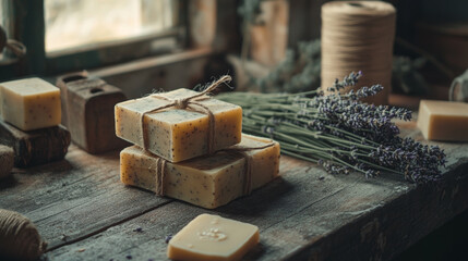 Handmade Natural Soap Bars with Rustic Lavender and Twine
