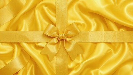 Golden bow and ribbon creating elegant package on silk background